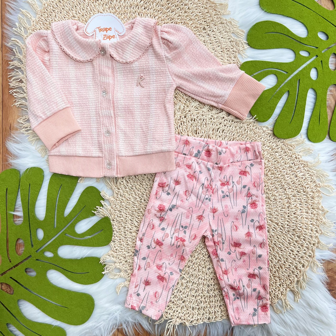  Conj. Casaco Gola Gripyr e Calça Legging Floral - Rosa e Pêssego 